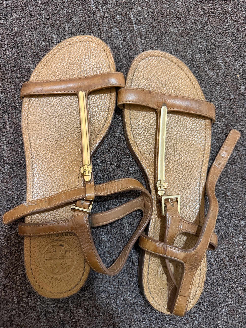 Brown Leather Tory Burch Strap Sandals with Gold Accent